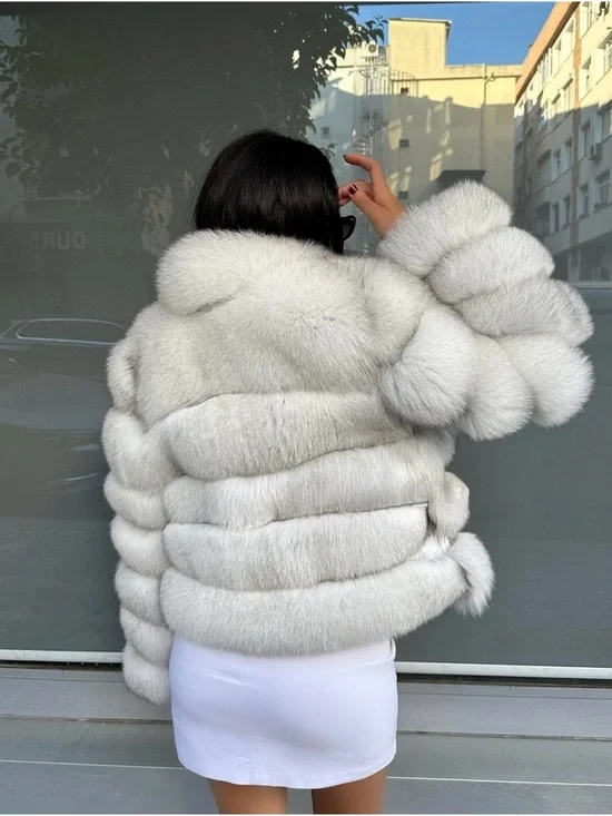 Luxury White Genuine Fox Fur Bomber Jacket NWOT - Picture 7 of 9